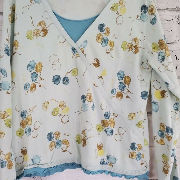 J Jill Wrap Front Floral Long Sleeve Blue Sweater Womens Size LP Large Petite... - Picture 2 of 8